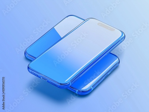 Two bluecolored phones are positioned on a bluecolored surface photo