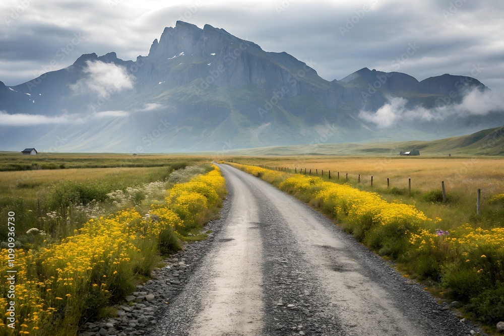 Naklejka premium Unveiling the Path Ahead A solitary gravel road winds through a field of golden wildflowers, leading towards a majestic mountain range shrouded in mist.