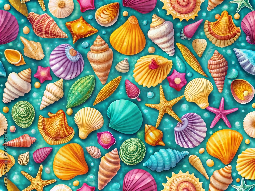 Fototapeta premium Trendy Modern Seashells Pattern Design for Fashion with Copy Space for Branding and Marketing Purposes, Ideal for Apparel, Home Decor, and Accessories Showcase