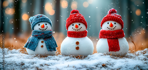 3 figurines de bonhommes de neige alignés dans la forêt photo