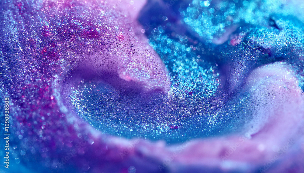 Fototapeta premium Sparkling fluid. Liquid ink color mix. Blurred purple blue color shiny dust particles acrylic paint swirl water emulsion flow abstract art background.