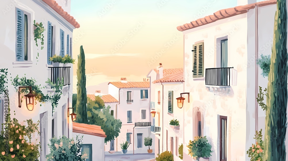 Watercolor sunset town houses and plants illustration poster background Watercolor sunset town houses and plants illustration poster background