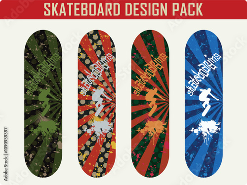 Abstract polka dots and rays skateboard design vector pack