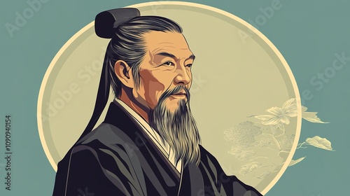  Vector Portrait of Philosopher Lao Tse in Classical Pose, High Contrast, Clean and Simple Design with Circular Frame.