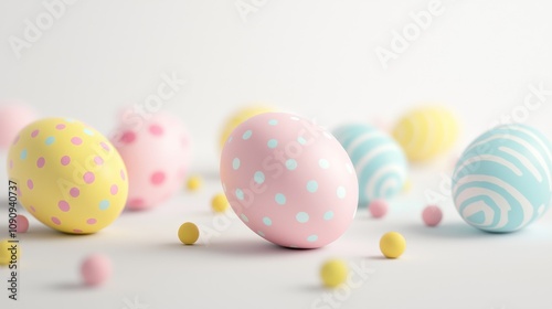 A vibrant scene of pastel-colored Easter eggs playfully scattered across a white surface, evoking a sense of joy and whimsy for festive spring celebrations.