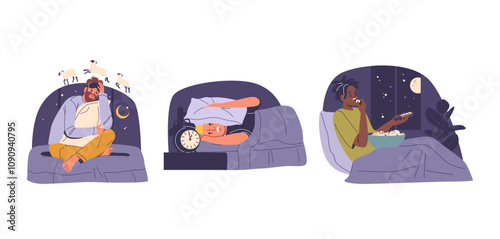 Young man cartoon character feeling troubles and difficulties to sleep vector illustration scene set