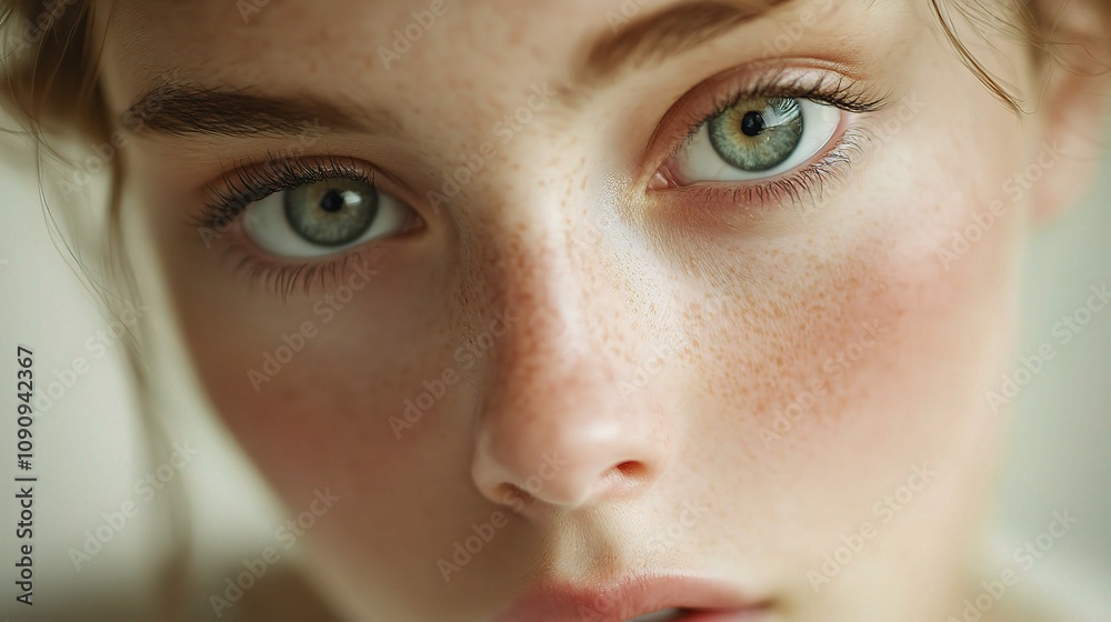 Fototapeta premium Portrait of a Young Beautiful Woman with Perfect Skin and Striking Green Eyes, Captured in a Soft and Natural Light, Emphasizing Delicate Features and Radiant Beauty
