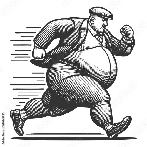 Fat body positive overweight stout man in a suit running at full speed, conveying humor and motion in vintage style sketch engraving generative ai vector illustration. Scratch board. Black and white.