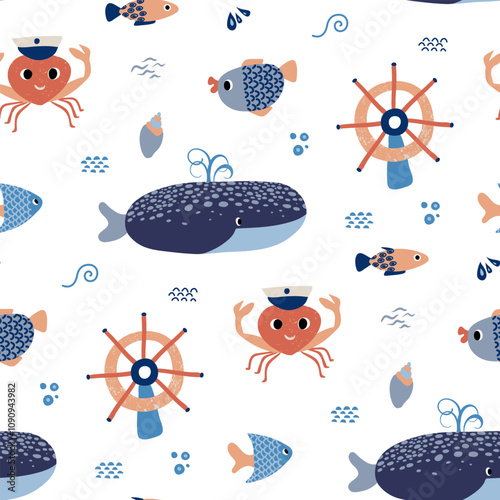 Colorful marine-themed pattern featuring playful sea animals and nautical elements, perfect for children decor or textiles