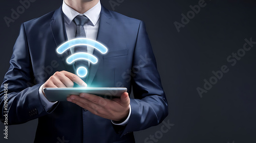 Wi-Fi, Businessman holding a tablet with holograph symbol of wifi,wifi symbol, wireless internet concept in busineess, Wireless Internet Concept photo