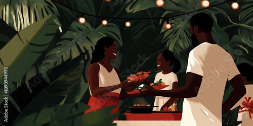 A side-angle view of a family gathered around a barbecue in a tropical garden, exchanging gifts while festive lights hang above