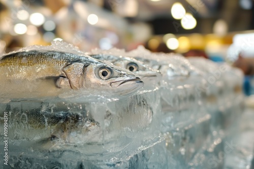 Frozen fish encased in ice blocks at a seafood market, the frost on the ice reflecting the overhead lights. The fish are clearly visible, preserved perfectly in the frozen water, waiting for purchase. photo