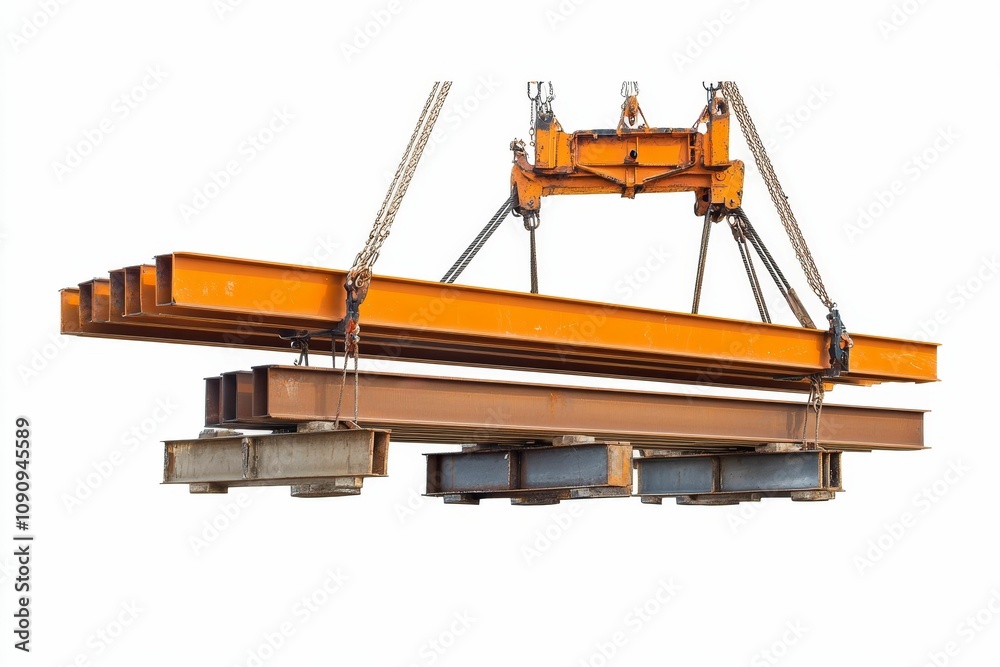 Obraz premium Crane lifts rusty steel beams, construction.