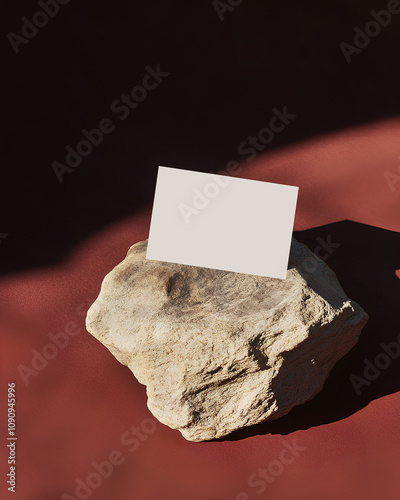 Elegant blank card mockup displayed on a natural rock surface with bold shadows and a rich red background. Ideal for presenting minimalist design concepts. photo