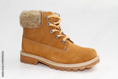 Men's boots. Waterproof leather. white background. Side view.