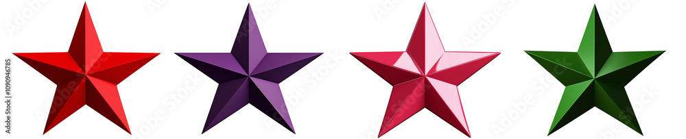 Set of 3D Geometric Stars in Red, Purple, Pink, and Green on Transparent Background
