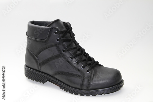 Men's boots. Waterproof leather. white background. Side view.