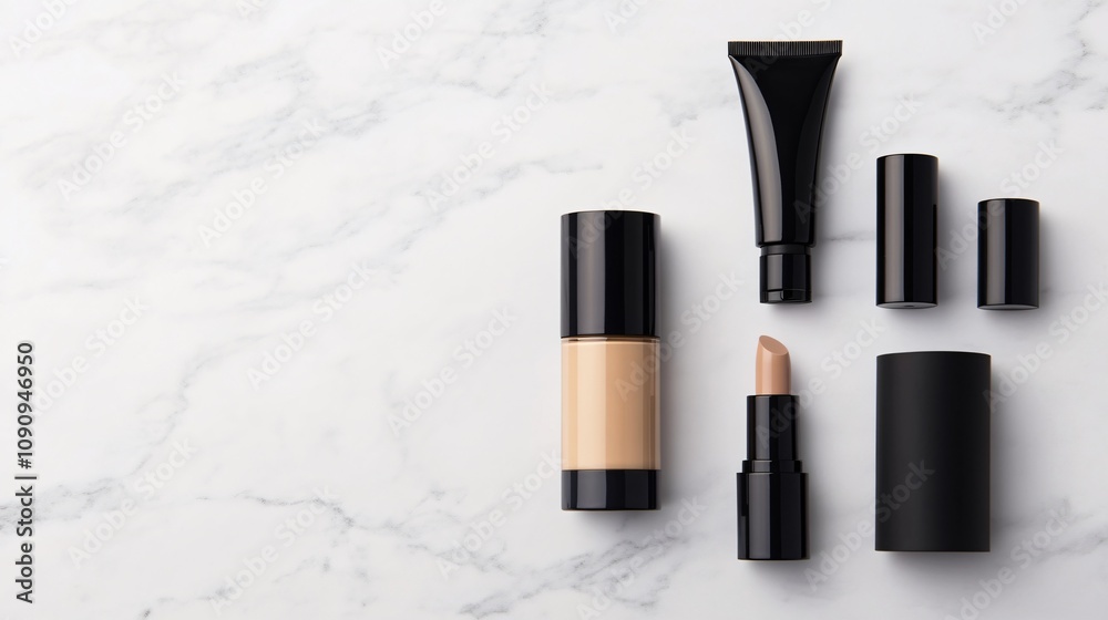 Obraz premium Stylish black makeup containers arranged on a marble surface highlighting beauty products and modern design elements. Generative AI