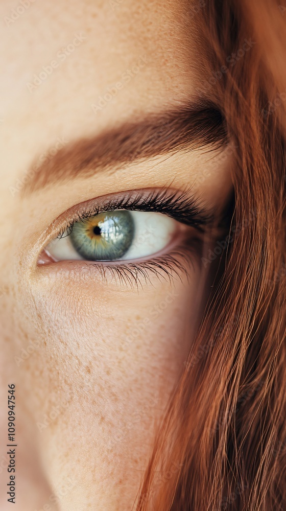 Fototapeta premium Close view of a young person's striking emerald eye with vibrant hues and natural freckles, showcasing unique beauty and detail. Generative AI