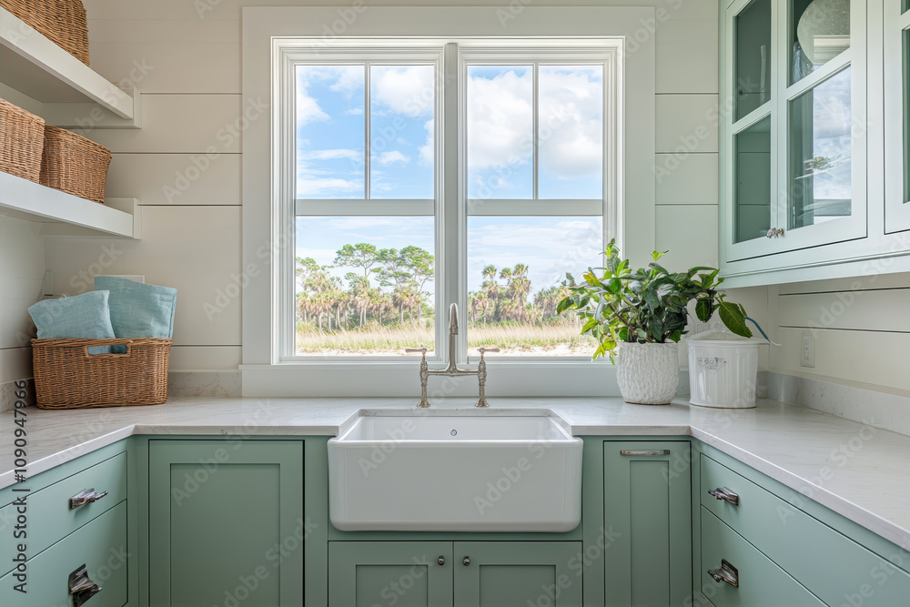 Fototapeta premium Coastal Farmhouse Laundry Room Featuring Pastel Blue Cabinetry and a Scenic View