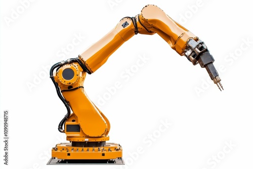 Orange robotic arm isolated on white.