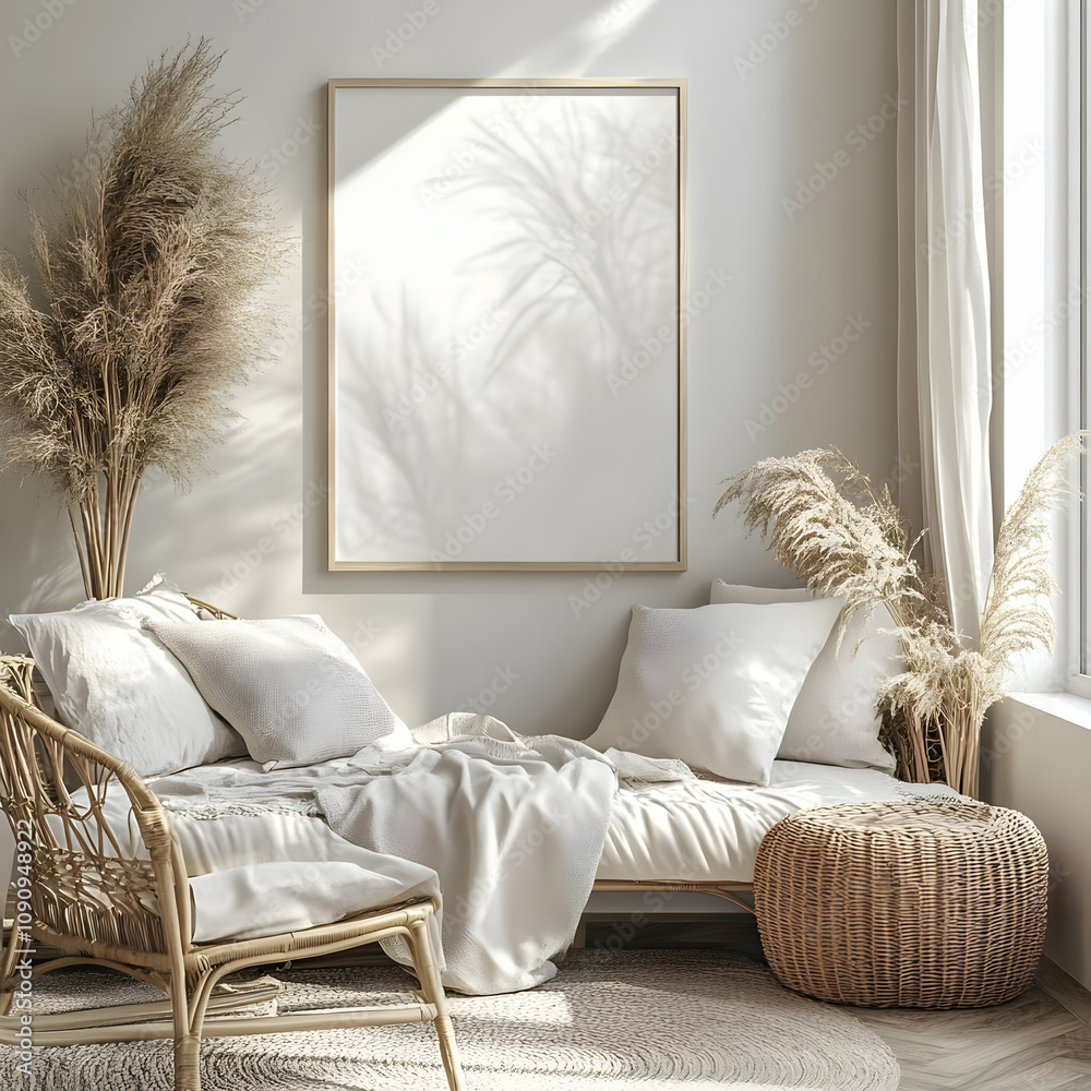 Illustration - Bohemian Interior Daybed, Pampas Grass, Neutral Tones Illustration - Bohemian Interior Daybed, Pampas Grass, Neutral Tones