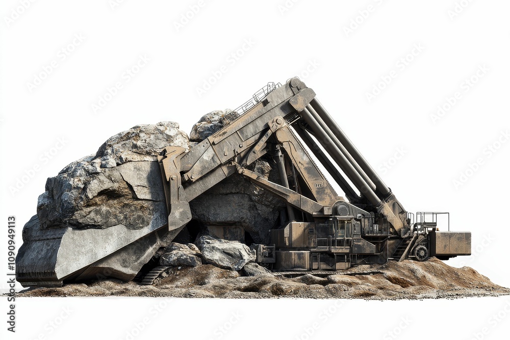Fototapeta premium Large excavator lifting rocks, dirt pile.