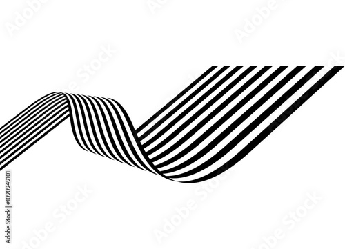 Vector ribbon of black parallel lines on a white background in retro style. Modern design element. Trendy pattern. Vector black and white background with space for text. Abstract wave.