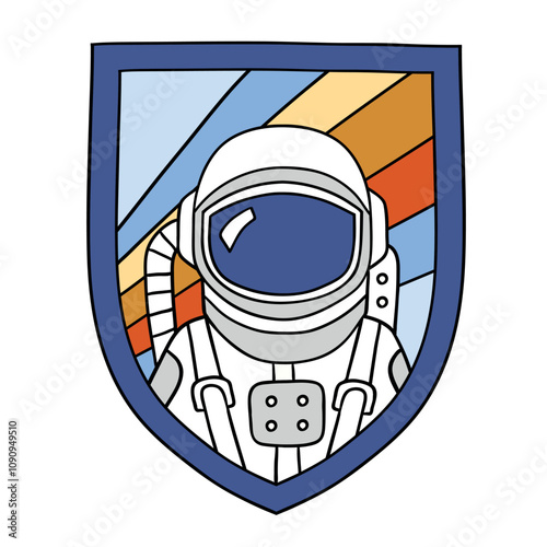 Hand drawn vector space patch.  Vintage spacecraft badge isolated on white background. Perfect for tee shirt logo, greeting card, poster or nursery print design. EPS 10 vector file.