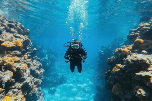 Diver explores vibrant underwater rock formations in clear blue waters during a sunny day photo