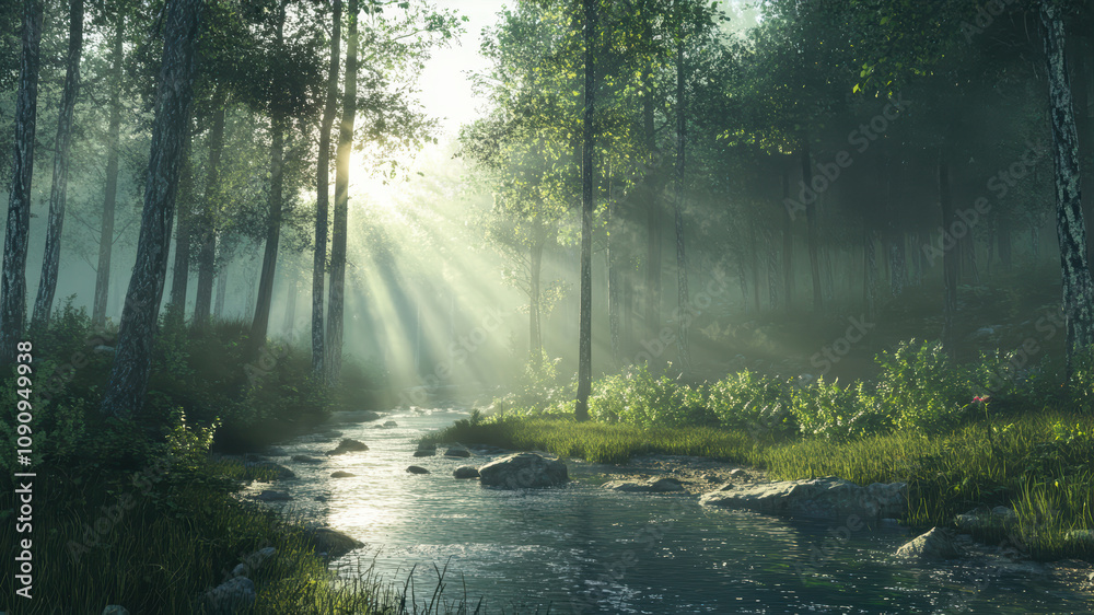 Obraz premium Sunlight Filters Through Trees Over a Serene Stream in an Early Morning Forest