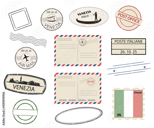 Italy mail stamps and envelops. Vector illustration on white background. Can be used for labeling various goods and services, for scrapbooking and much more