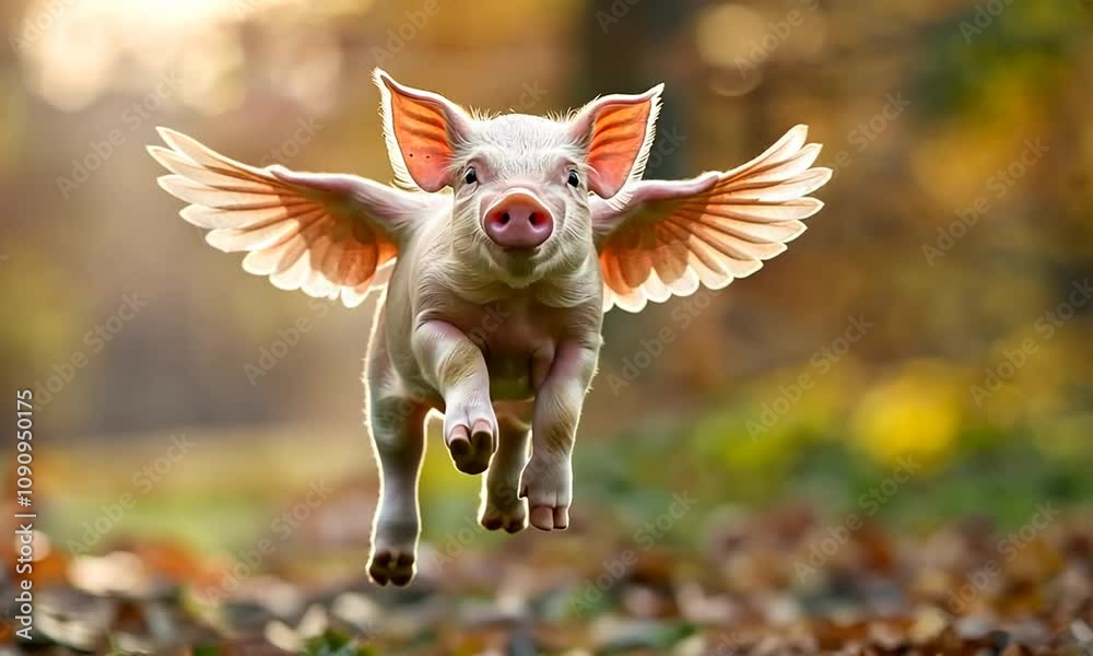 A cute pig flying with wings over a sunny field with a joyful expression