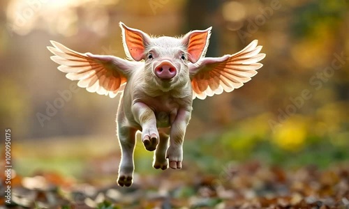 A cute pig flying with wings over a sunny field with a joyful expression photo