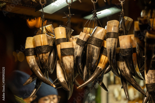 Budapest, Hungary - November 15, 2024: Vorosmarty square Christmas market. Traditional Horn Cups for Sale at Budapest Holiday Fair. photo