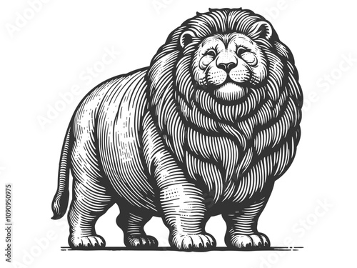 Fat overweight body positive chubby lion with a prominent mane, showcasing vintage art style and majestic appearance sketch engraving generative ai vector illustration. Scratch board. Black and white