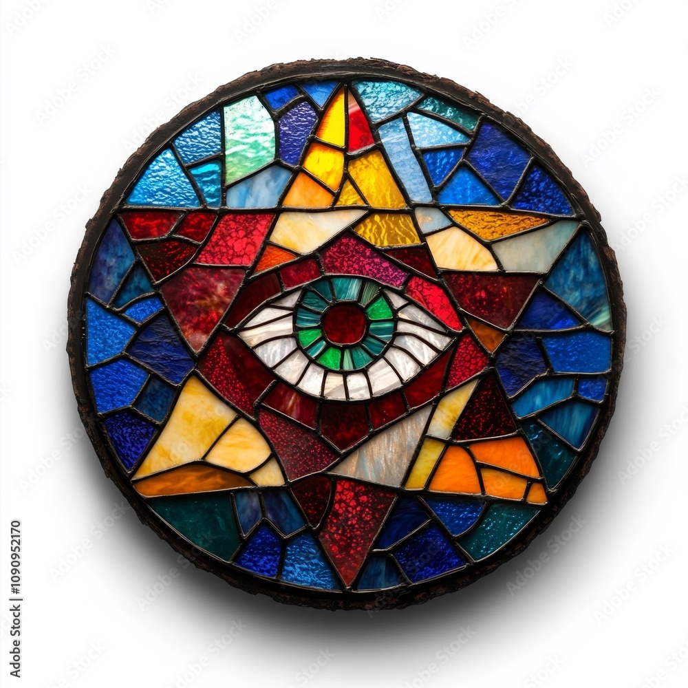 Vibrant Stained Glass Mosaic Starring an All-Seeing Eye in a Multicolored Geometric Pattern Vibrant Stained Glass Mosaic Starring an All-Seeing Eye in a Multicolored Geometric Pattern
