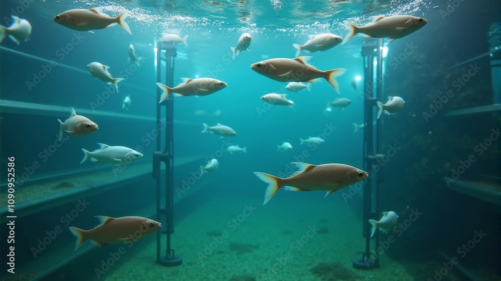 Obraz premium Underwater Scene Featuring Schools of Fish Swimming Gracefully Through a Sunlit Aquarium with Transparent Water and Scenic Background Structures