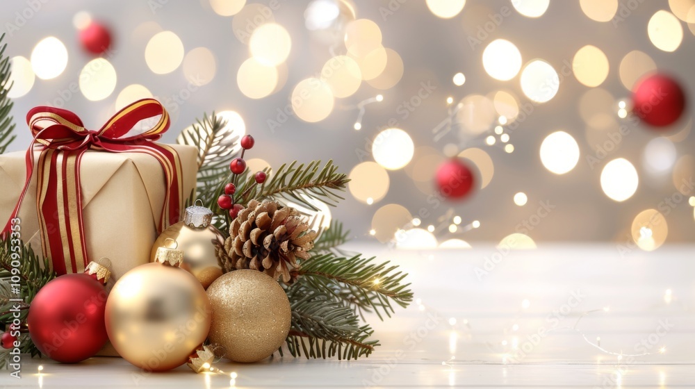 Obraz premium Christmas decorations illuminate with gold glittering accents, creating an abstract glow light texture. The shimmering ornaments and festive lights capture the essence of the holiday season, blending 