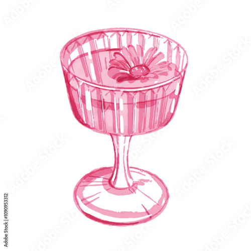 Pink champagne coquettish illustration, vector hand drawn watercolor alcoholic beverage, wine glass. Sparkling drink romantic print bachelorette party margarita cocktail design. Pink champagne clipart