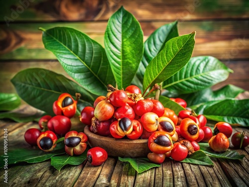 Vintage Style Photography of a Group of Guarana Fruits and Leaves on a Rustic Wooden Surface with Soft Natural Light and Subtle Shadows Highlighting Their Unique Features