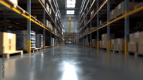 A spacious warehouse interior with shelves stacked high with boxes, illuminated by natural light from the roof, creating a clean and organized environment.