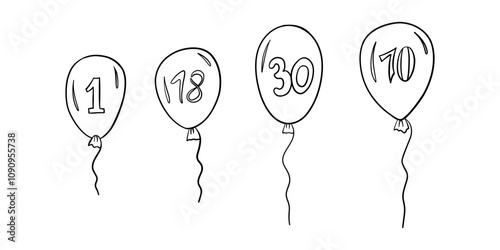 Balloon With Numbers  1, 18, 30, 70  In The Center In Outline Style