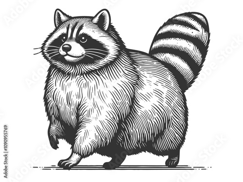 Chubby raccoon with a bushy tail, showcasing intricate details and playful character sketch engraving generative ai vector illustration. Scratch board imitation. Black and white image.