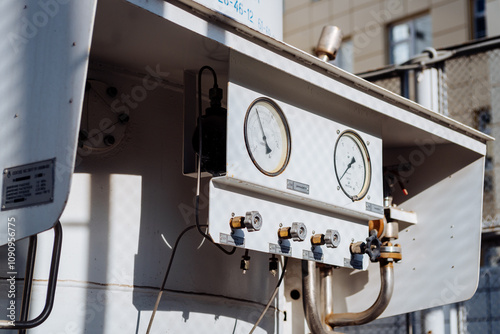 Industrial Pressure Gauge Panel: Close-up of an industrial pressure gauge panel with valves and pressure indicators, mounted outdoors.