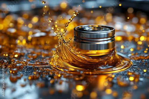 3D Render Golden Liquid Splashing from Metallic Container photo