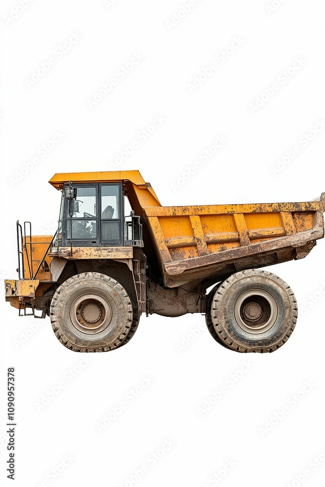 Fototapeta premium Large yellow dump truck, isolated, dirty.