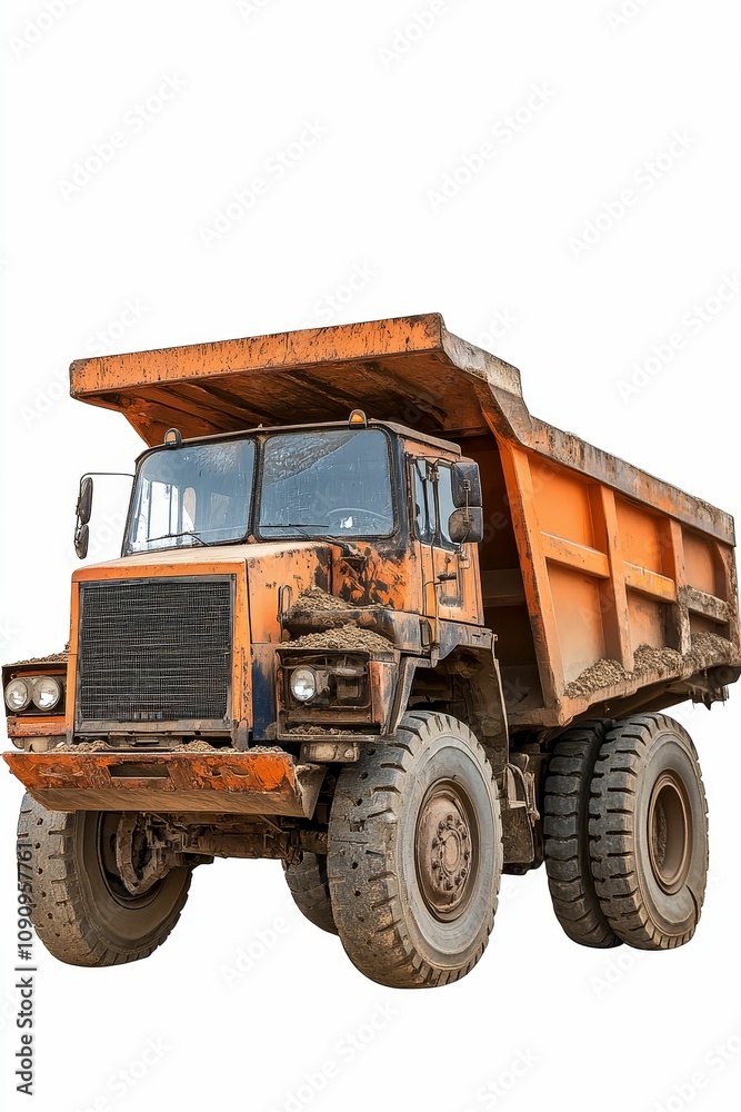 Fototapeta premium Orange dump truck, dirty, large tires.