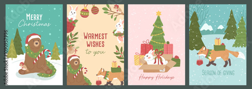 Collection of Winter Christmas forest animals grizzly bear, bunny, fox and bird vector illustration poster