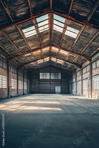 Here's a 10-word description of the image: Vast, empty warehouse;